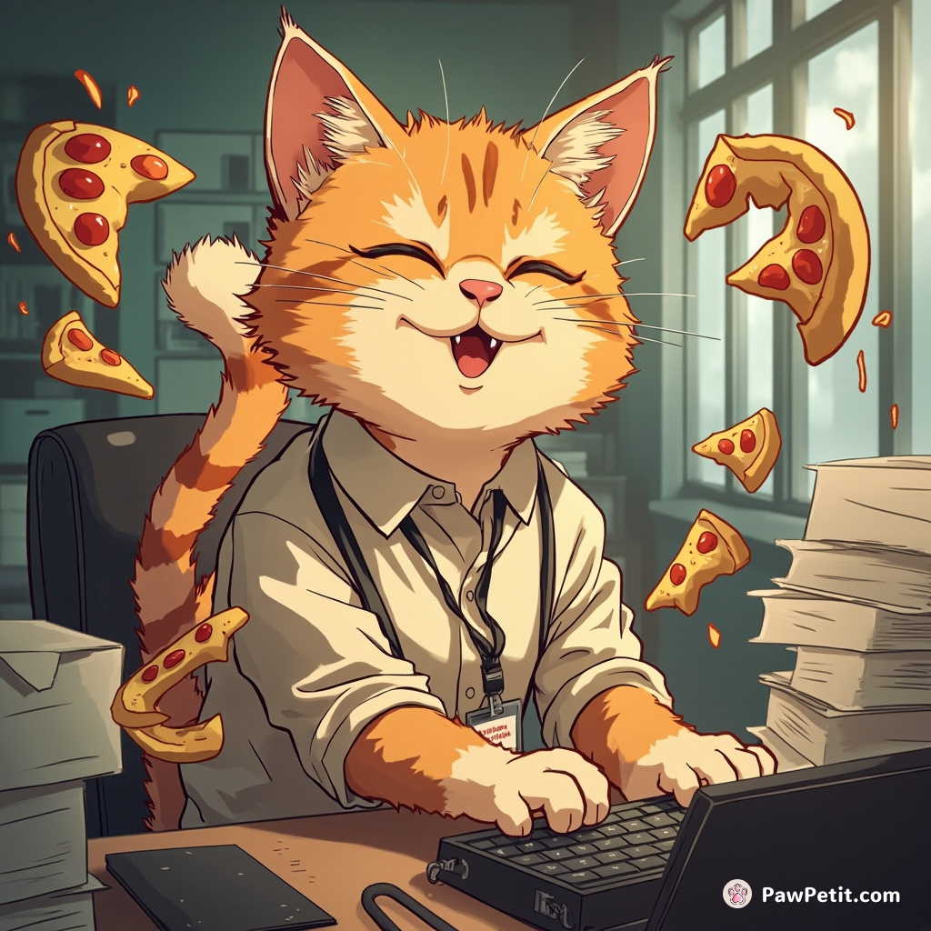 Cat dons company lanyard, frantically types on keyboard; sends 999 pizza orders to panicked office. Purrr-sonal Assistant havoc!