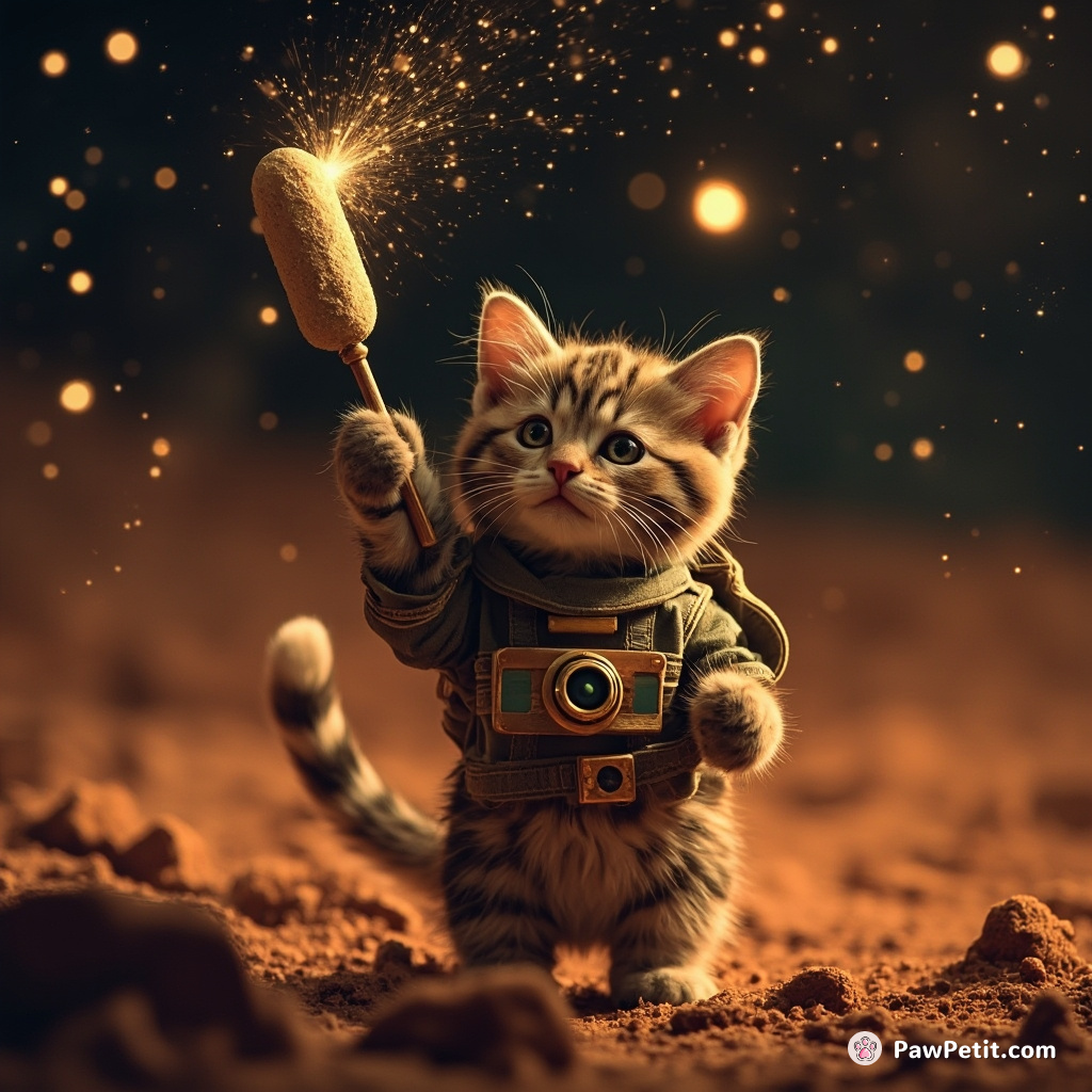 A cat conducting a symphony of fireflies with a baton made of moon dust on Mars.