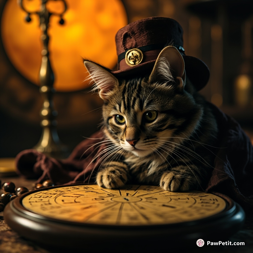 A Victorian-era detective cat analyzing encrypted runes on a fantastical cheese wheel in low orange moonlight.