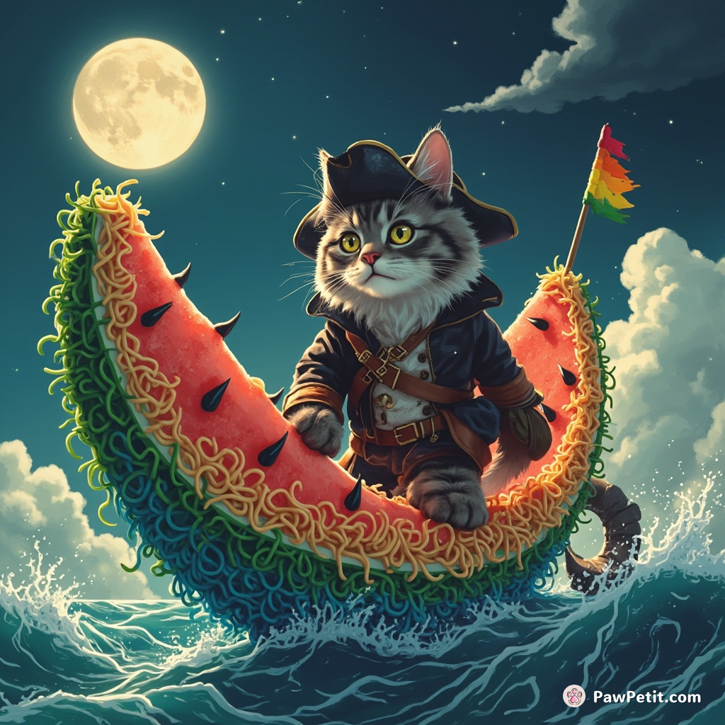 Cat-gray-bearded-pirate stealthily stepping off a furry watermelon galleon on rainbow spaghetti sea under a sky of cheddar cheese moon.