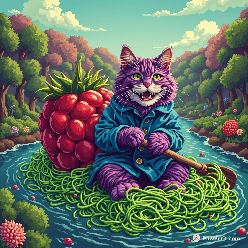 A purple, grinning cat in a blue pea coat rowing a giant raspberry through a river of green spaghetti.