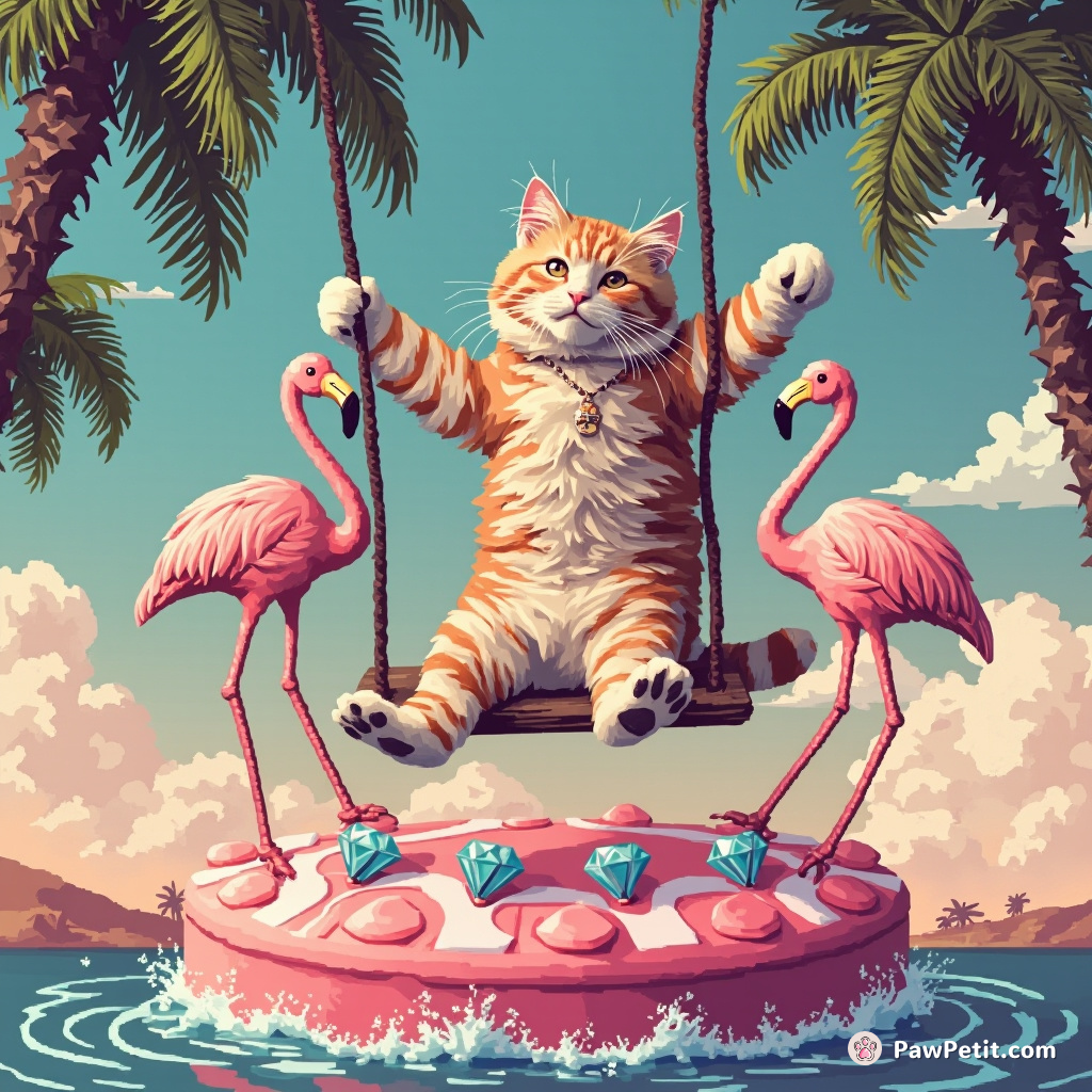Cat swing dancing with diamond-bedecked flamingos atop a floating gumdrop island.