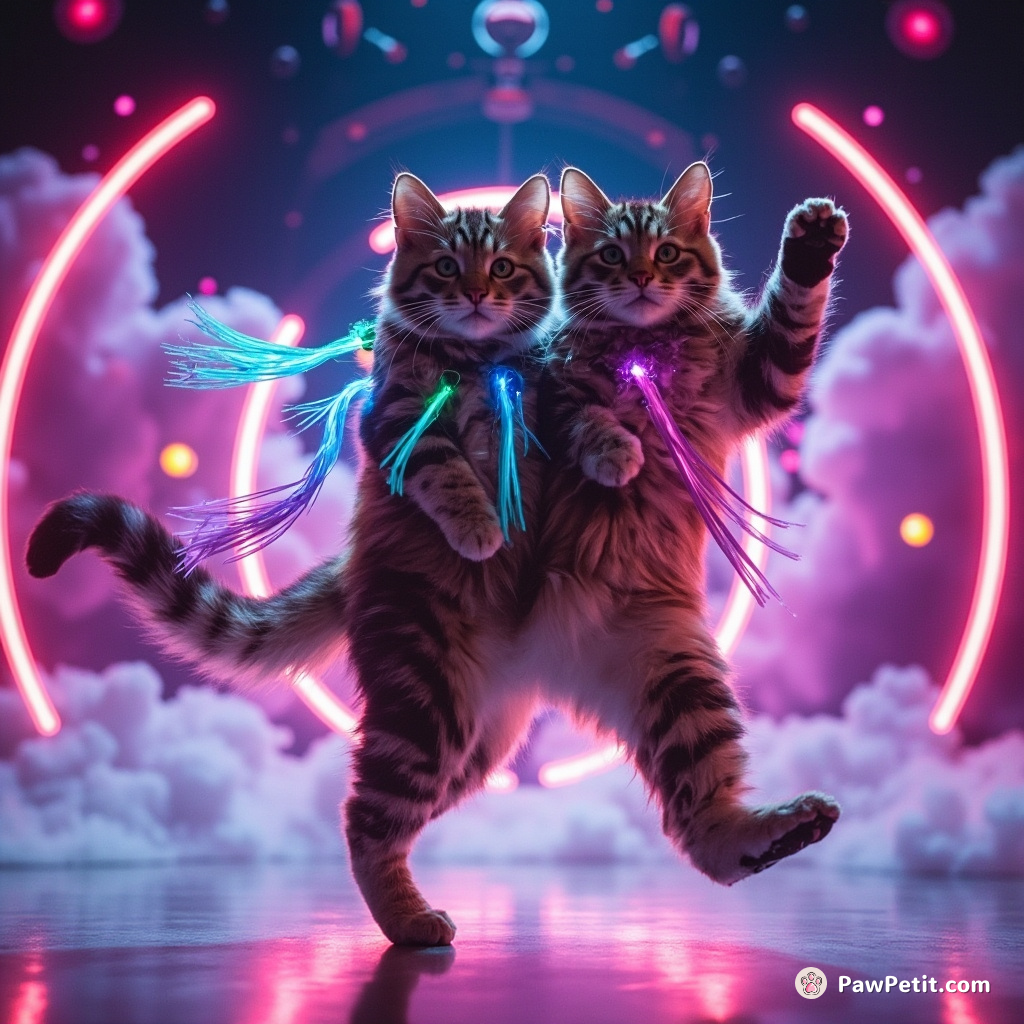 A two-headed psychedelic cat tap-dancing on a cloud-themed auditorium stage in space, with extra prismatic tails swishing in rhythm.