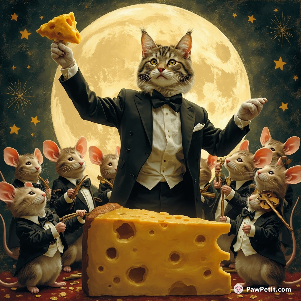 A cat conducting a symphony of mice in tuxedos under a cheesemoon.