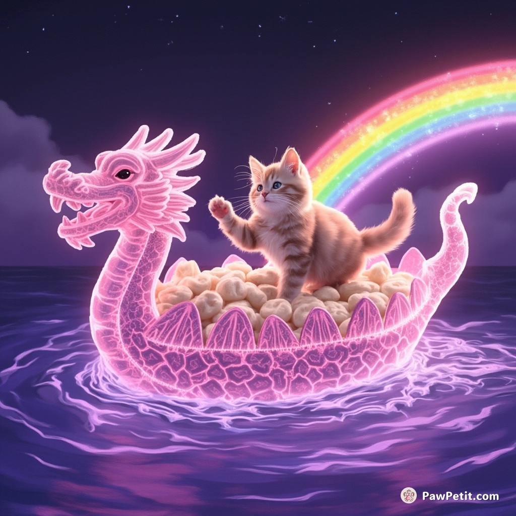 Cat waving from a crystal Dragon Boat crowded with 粽子, propelled by neon rainbows in an amethyst sea.
