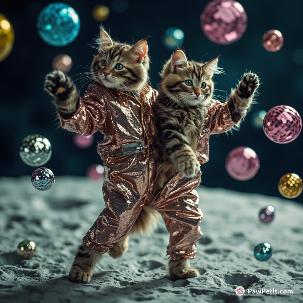 A two-headed cat in a sequin jumpsuit break dancing on the moon with multicolored disco balls floating around.