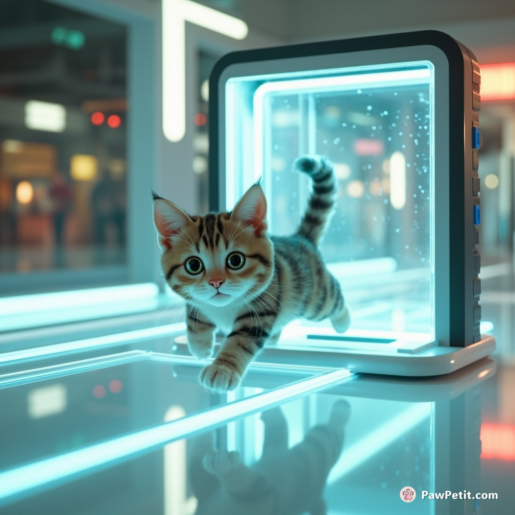 Cat darts across holographic walkways, ensnared momentarily by a smart-tech gate before claw-swiping to unlock. Released, she prowls on.
