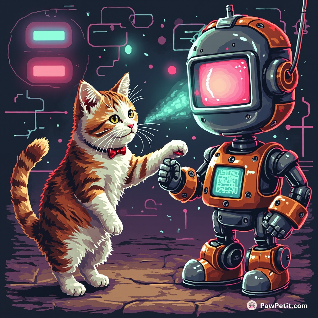 A cat manipulates a human robot with a paw swipe, initiating a global tech takeover.