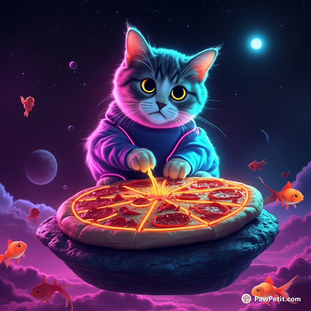 Alien cat making neon pizza on a floating rock in space, surrounded by undoubtedly surprised goldfish.