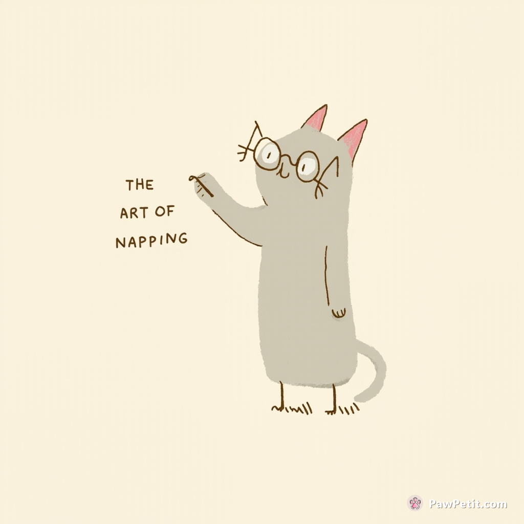 The cat stands on its hind legs, adjusting invisible spectacles while delivering a solemn lecture on the art of napping.