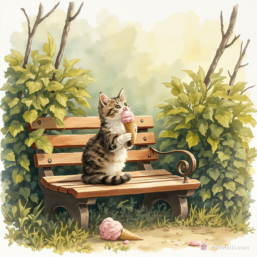 Amidst unkept shrubbery, the curious cat perches upright on a bench, audaciously licking ice cream from a fallen cone.