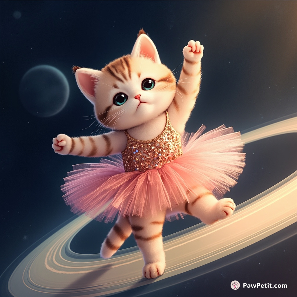 Cat performing a ballet dance on the rings of Saturn, clad in a sparkling sequin tutu.