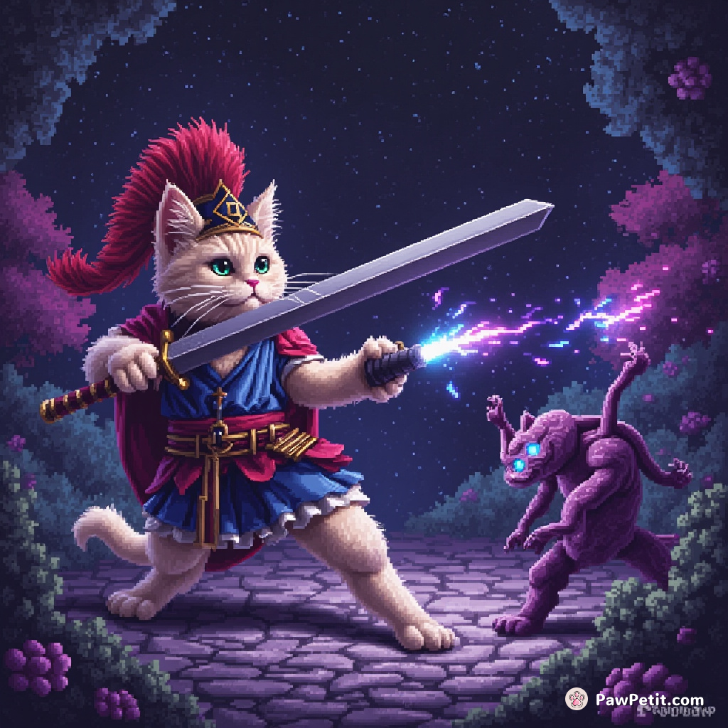 In the pixelated kingdom of Catabyte, Sir Whiskers skillfully tousles with feral Trojans, his claws flickering like blinking cursors.