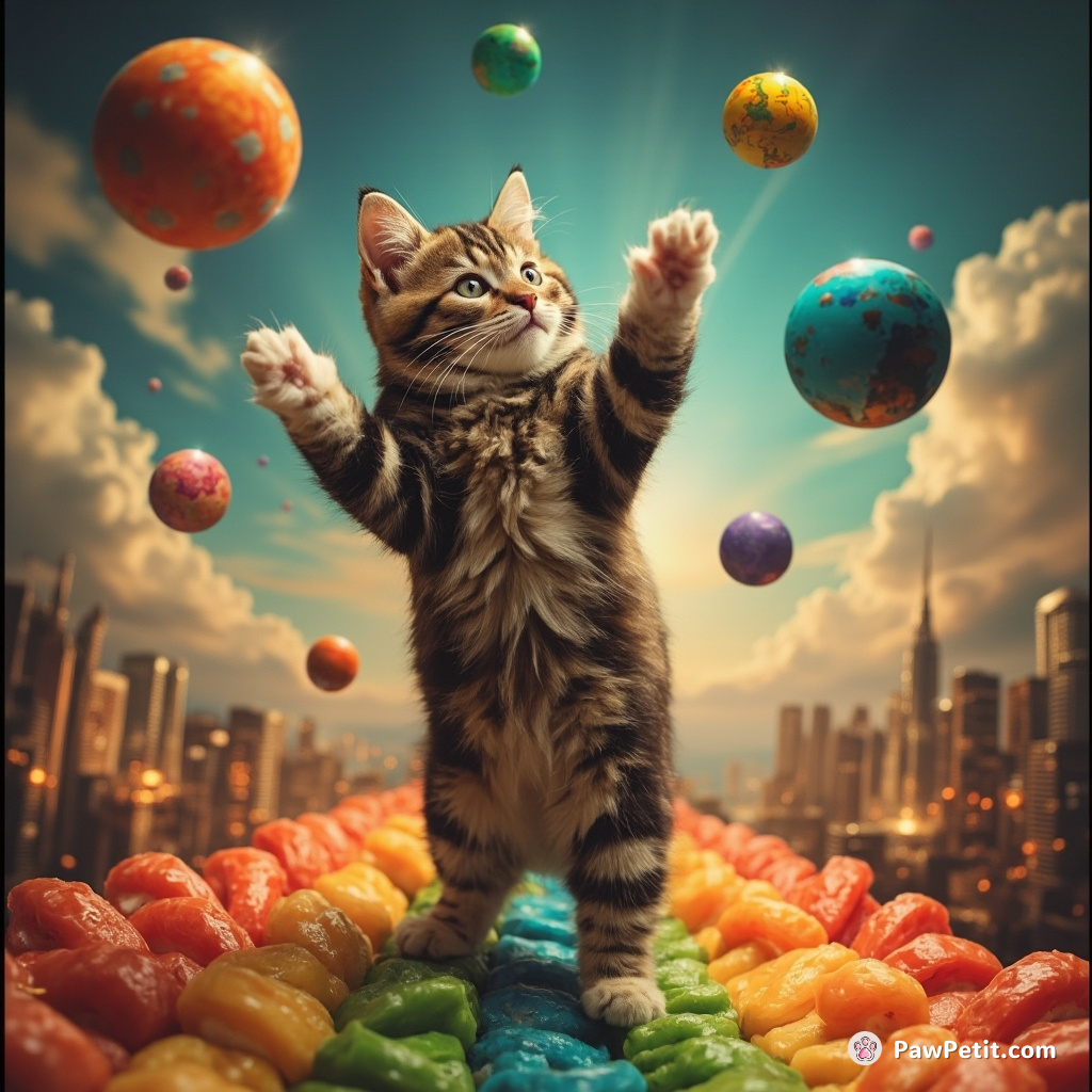 A cat juggling luminous planets on a rainbow made of sushi, under an upside-down city sky.