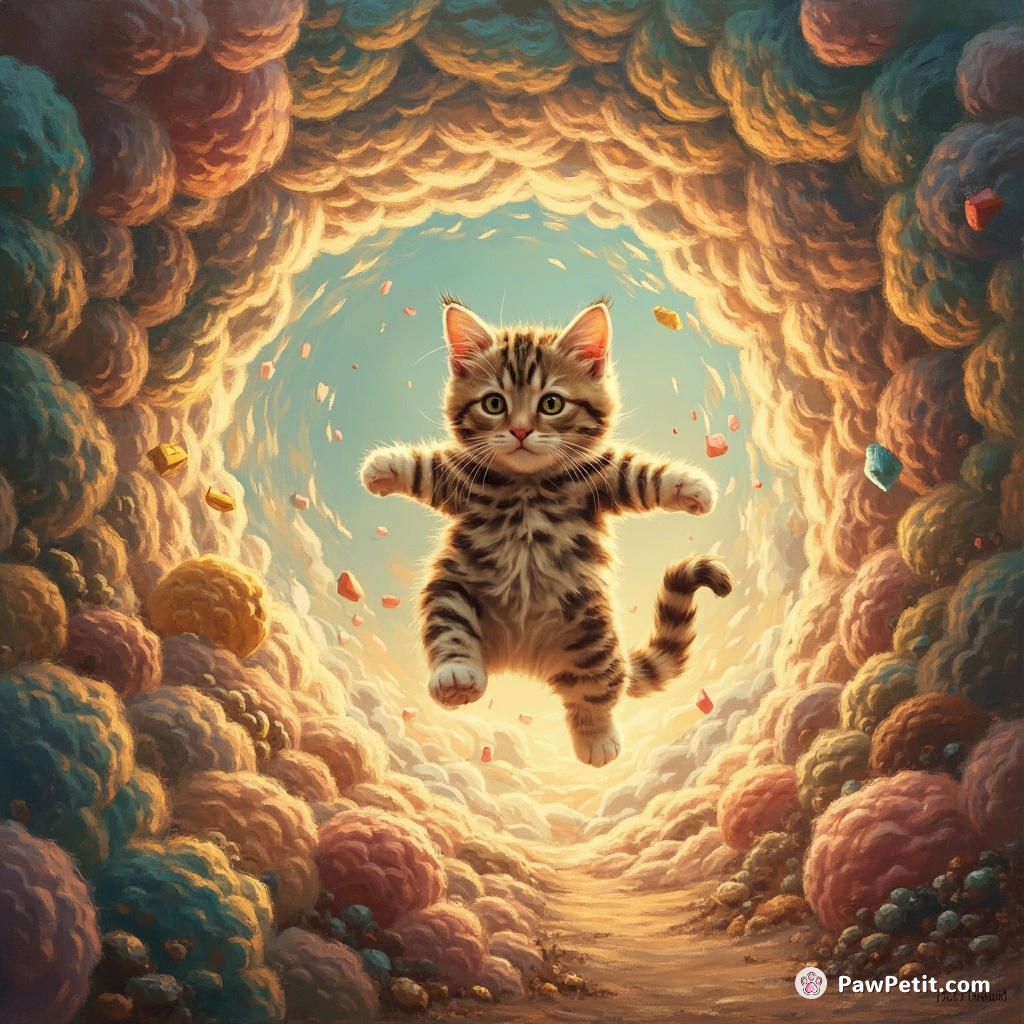 In a VR realm, a pixelated cat leaps through shimmering portals, chasing its digital tail endlessly.