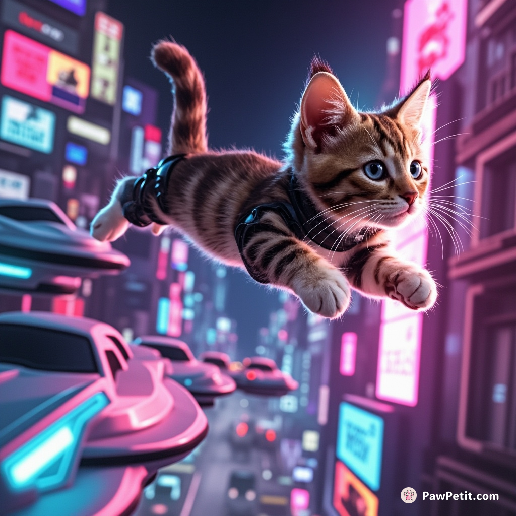 A cat leaps between hover-cars, its tail a blur, navigating the neon-lit skyline with feline grace and cybernetic agility.