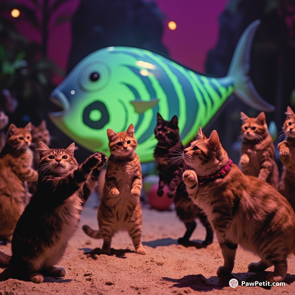 Psychedelic beach party with 1960s hippie cats dancing the twist around a giant glow-in-the-dark tuna.