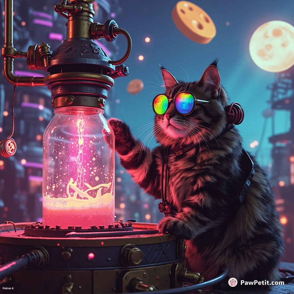 A steampunk cat using a high-tech distillery to produce rainbow-colored fizzy milk under the ethereal glow of floating cheese moons.