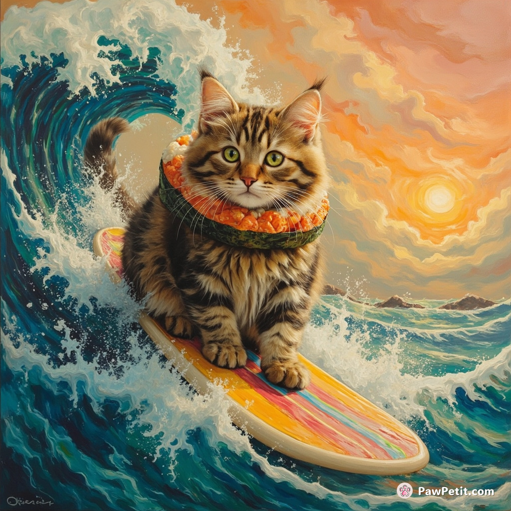 Cat surfing a rainbow wave in the middle of a giant soup bowl, wearing sushi roll as life preserving necklace.