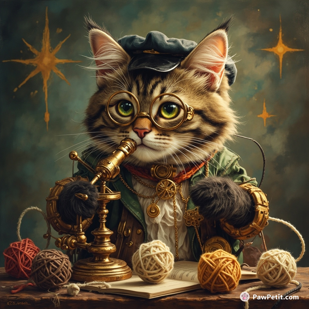 A steampunk cat operating an ancient, oversized monocle-equipped microscope intensively studying antigravity yarn balls.