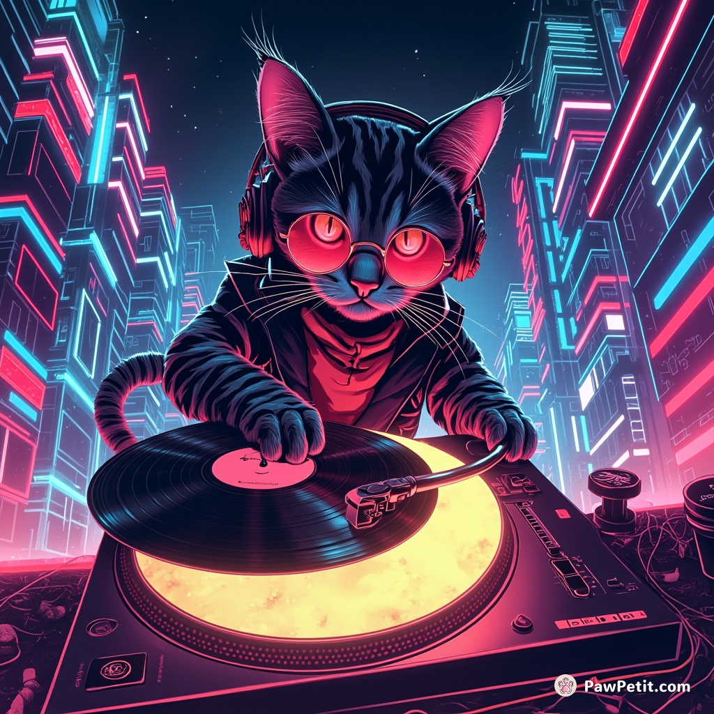 Cyberpunk cat DJ spinning vinyl on a moon shaped turntable amidst neon skyscrapers.