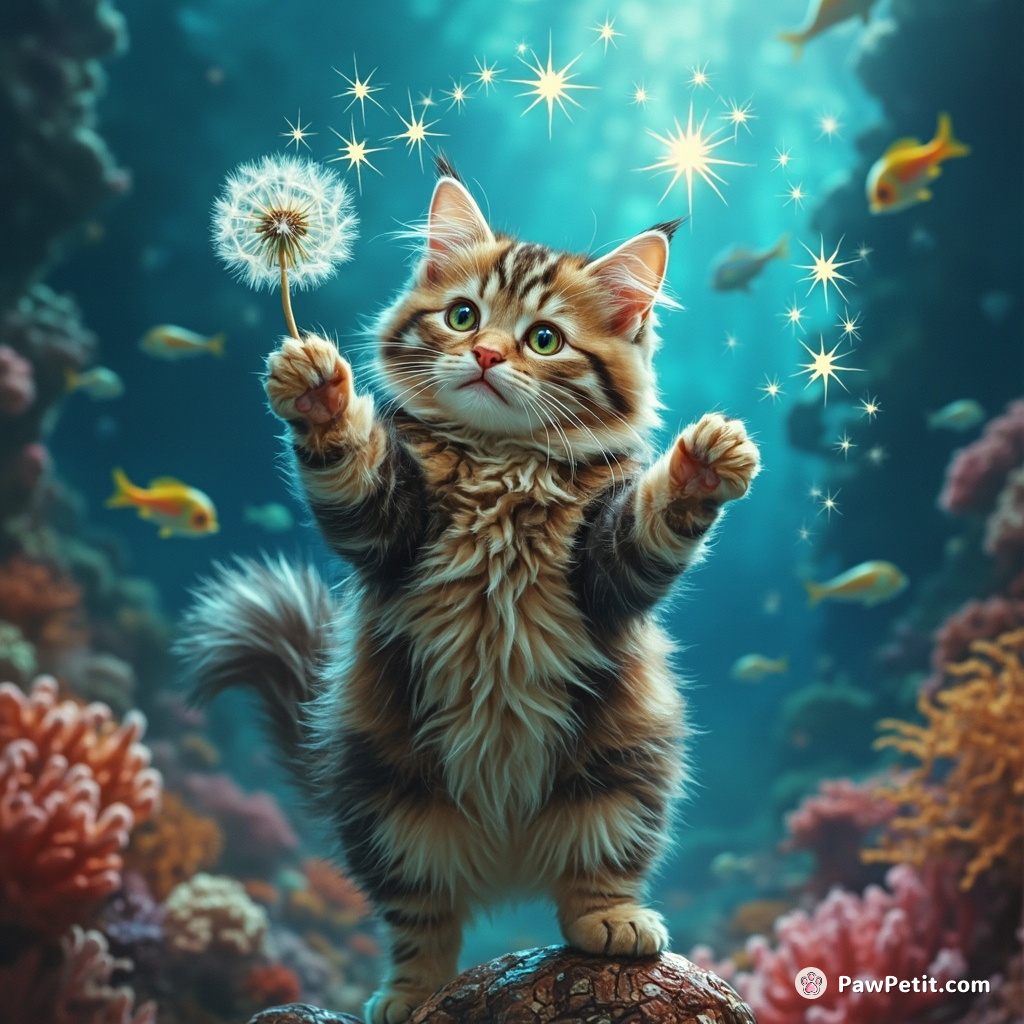 Cat juggling shining stars while balancing on a dandelion in an underwater city.