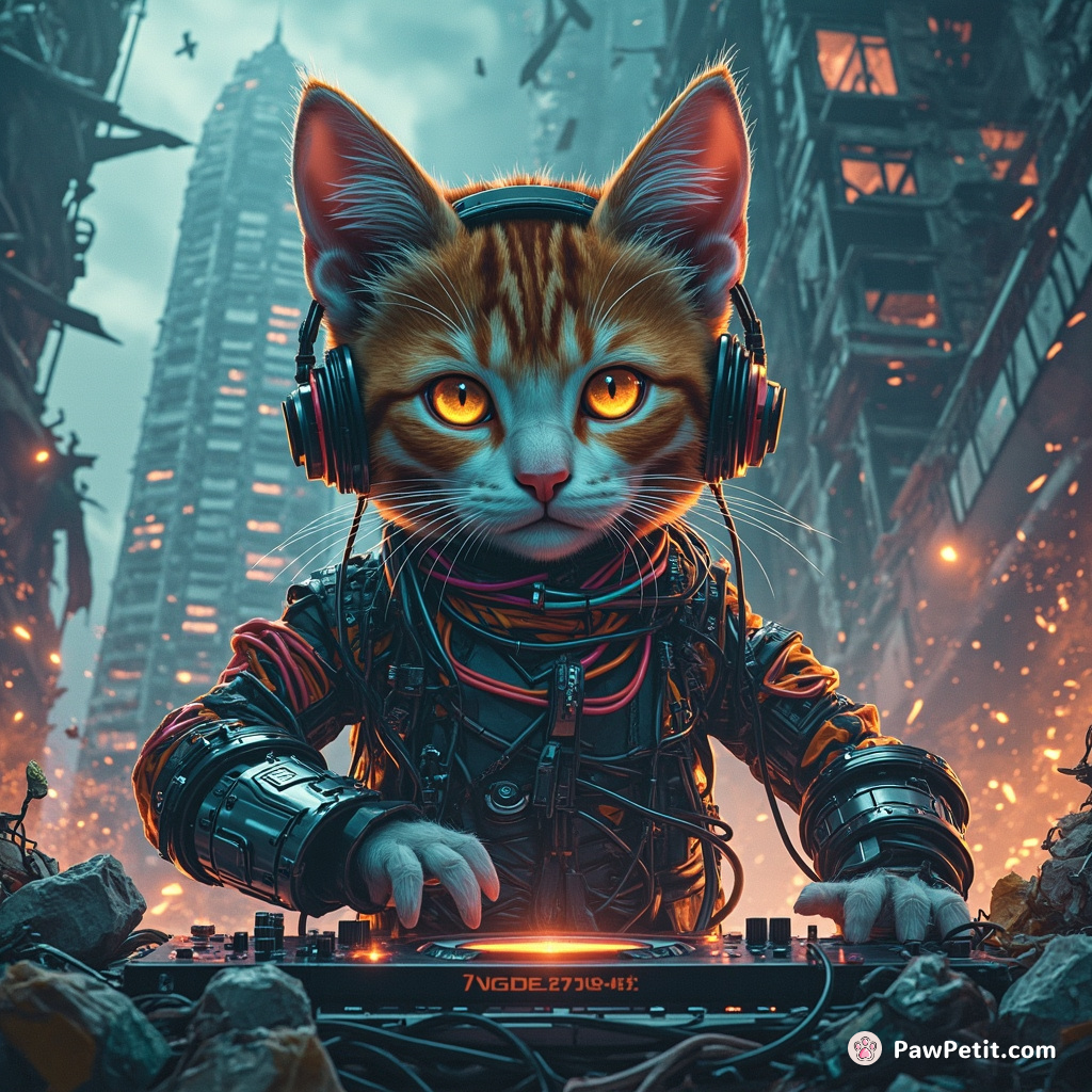 Cybernetic cat DJ mixing redesigned garbage into avant-garde music at a post-apocalyptic rave under the ghostly remains of a blasted skyscraper.
