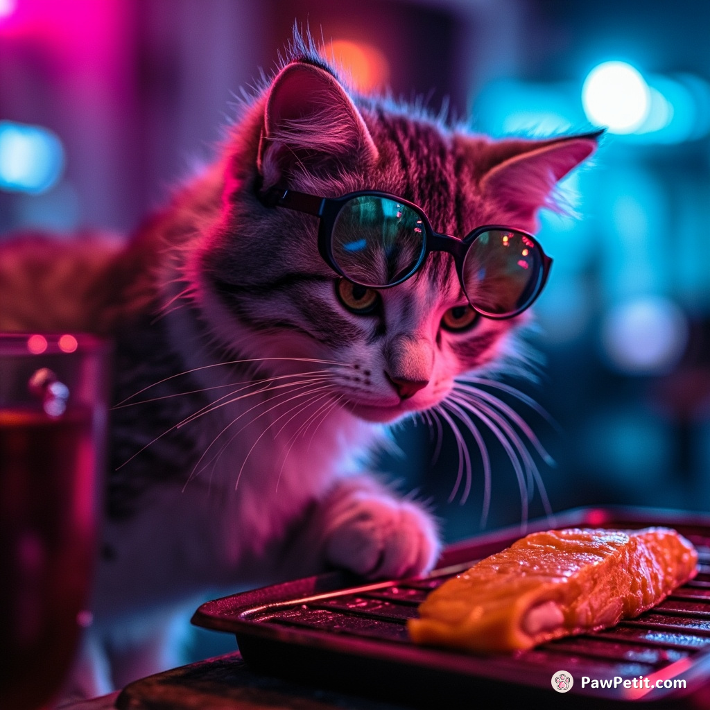 Unable to stomach human cuisine, whiskers cooks her own salmon, disdainfully ignoring her owner's barbecue efforts.