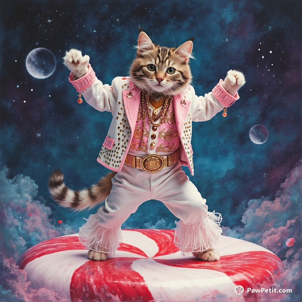 A cat gracefully moonwalking on a peppermint candy in outer space, clad in neon Elvis attire.