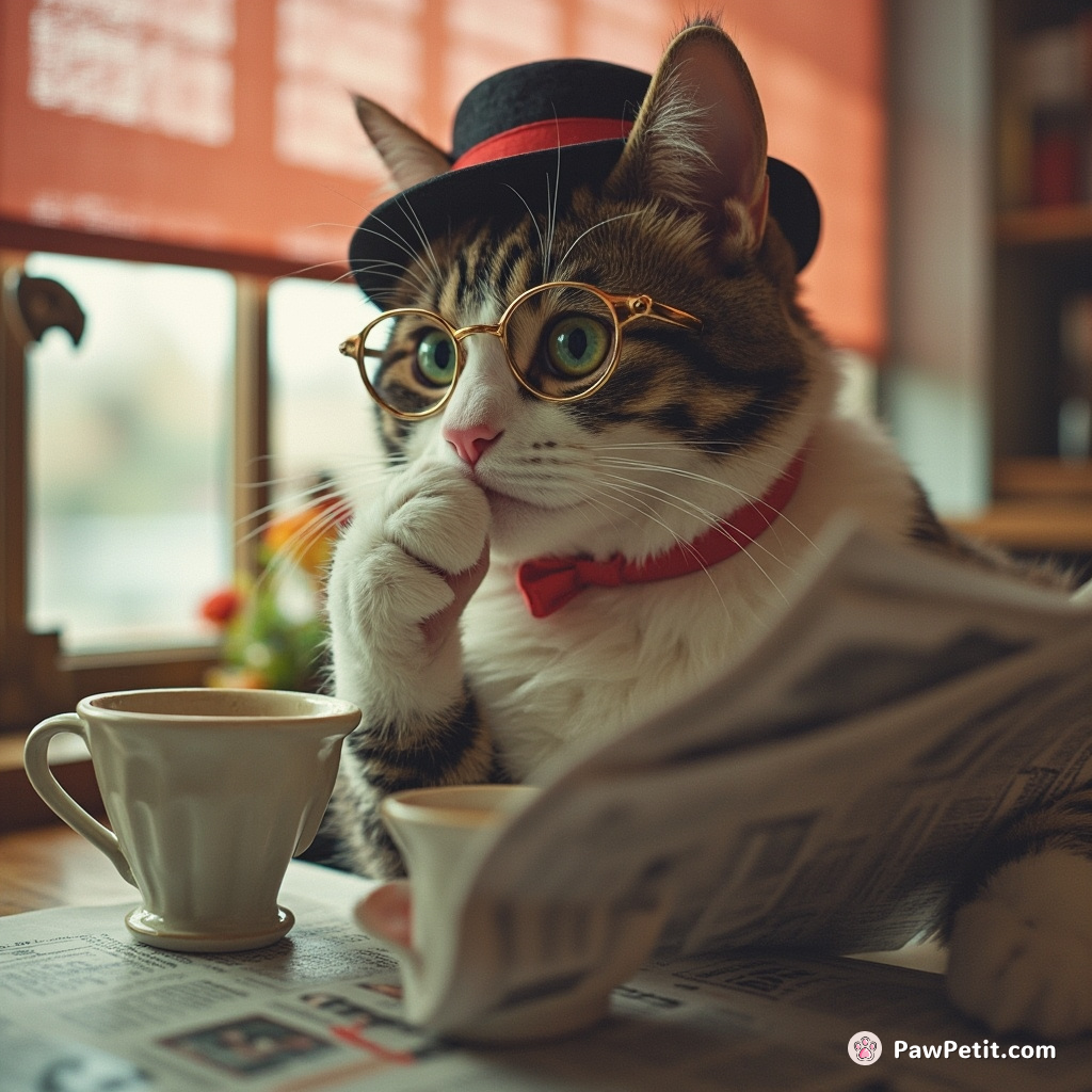Whiskers dons a tiny hat, sips tea with a paw, and purrs at the morning newspaper.