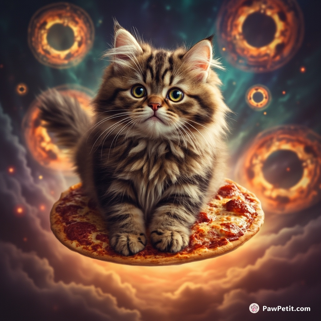 Cat riding a levitating pizza through psychedelic cosmic wormholes.