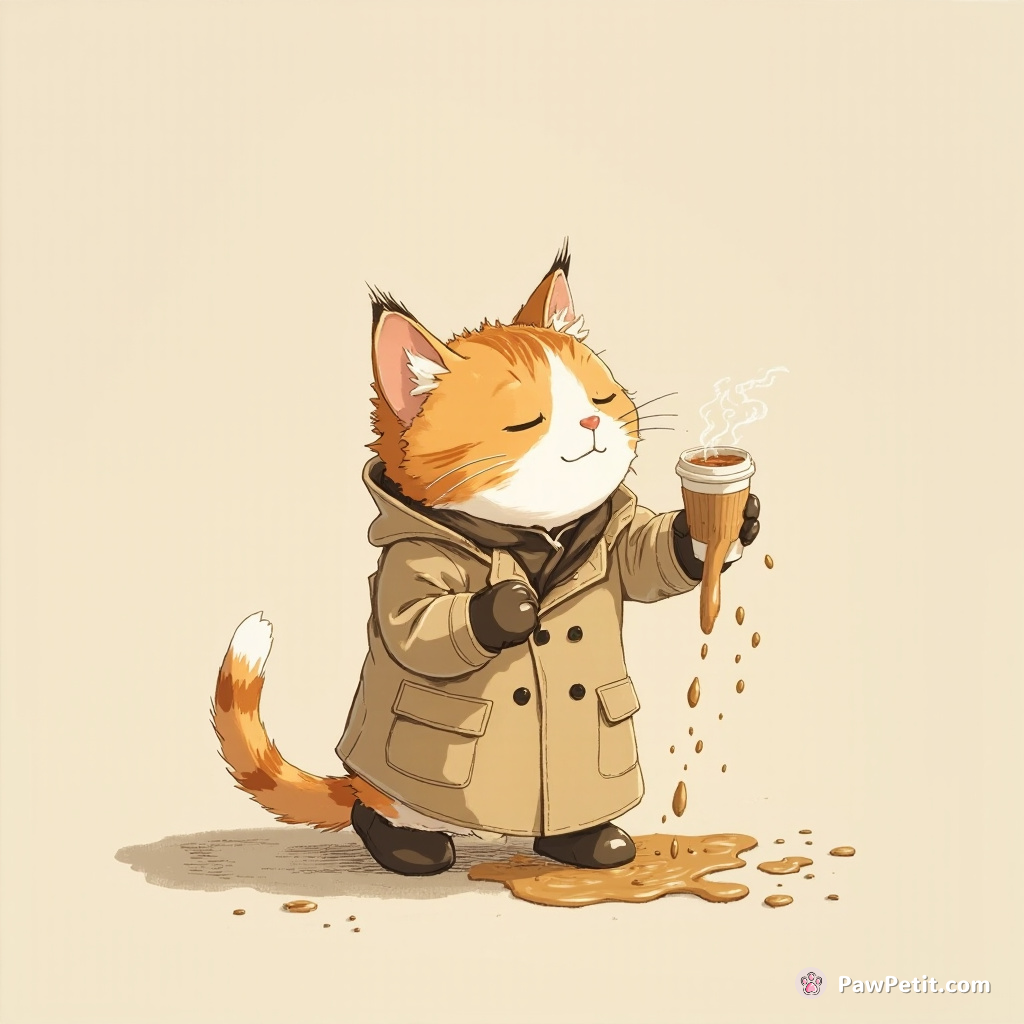 Whiskers the cat, in a trench coat, hilariously fumbles with a coffee cup, spilling it everywhere while pretending to work at a café.