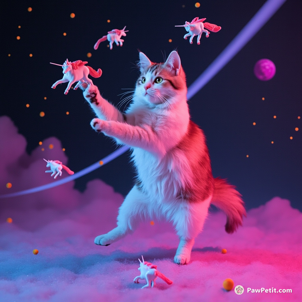 A Lucid-dreaming, neon-colored cat juggling miniature unicorns while moonwalking on constellations.