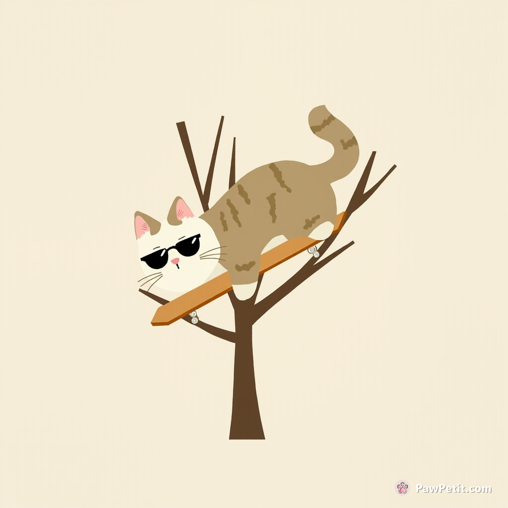 A cat dons sunglasses, scales a tree, and "surfs" a branch like a pro skateboarder, tail wagging for balance.