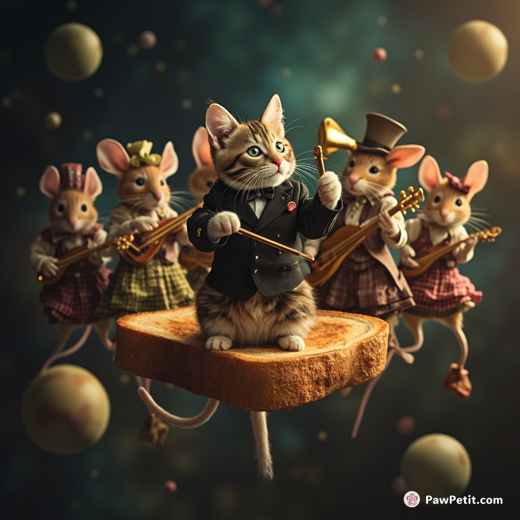 Cat conducting an orchestra of mice in Victorian attire on a floating toast in cosmos.