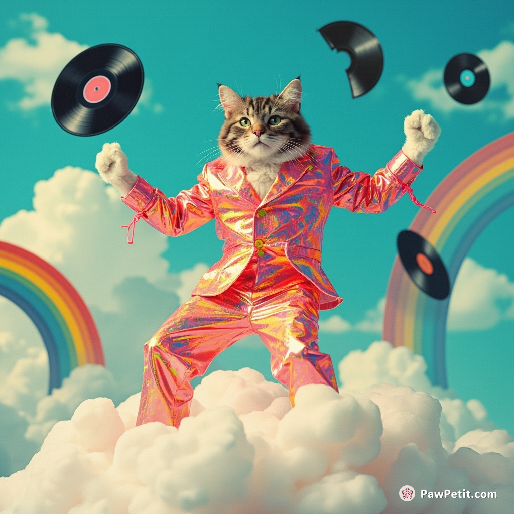 A cat wearing a sizzling neon disco suit, energetically breakdancing on top of a fluffy marshmallow cloud amidst giant vinyl records careening through vibrant rainbows in the cerulean sky.