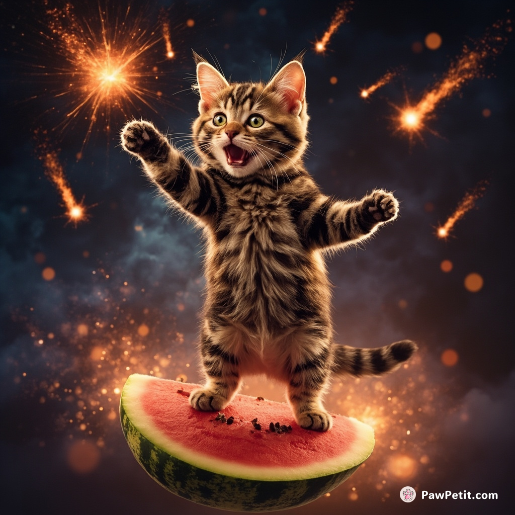A tabby cat tap-dancing on a floating watermelon slice in outer space while juggling flaming comets.