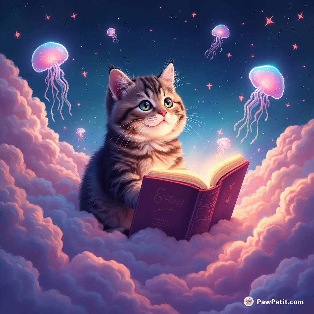 Astonished cat reading a giant neon book floating in a cotton-candy cloudscape with jellyfish-shaped stars.
