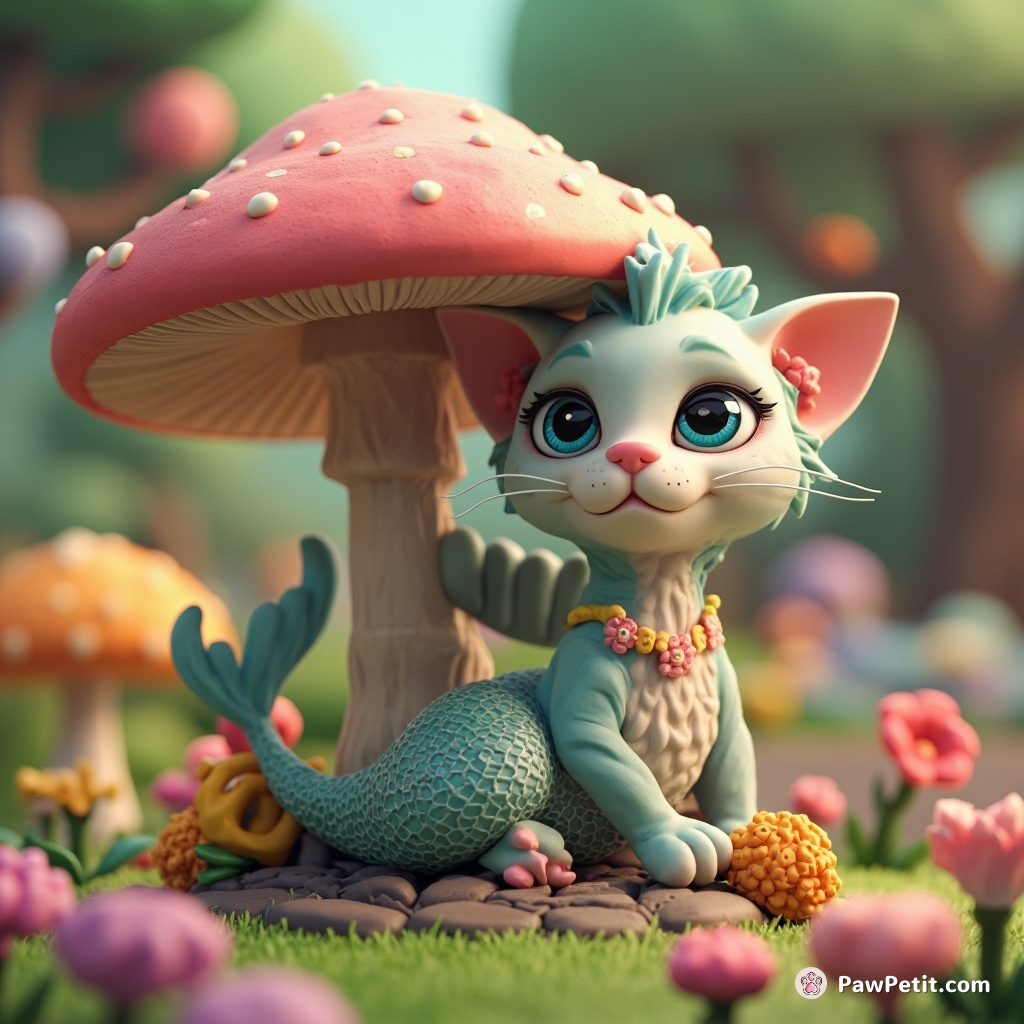 A purple mermaid cat inspecting an oversized mushroom in a candyland-esque forest.