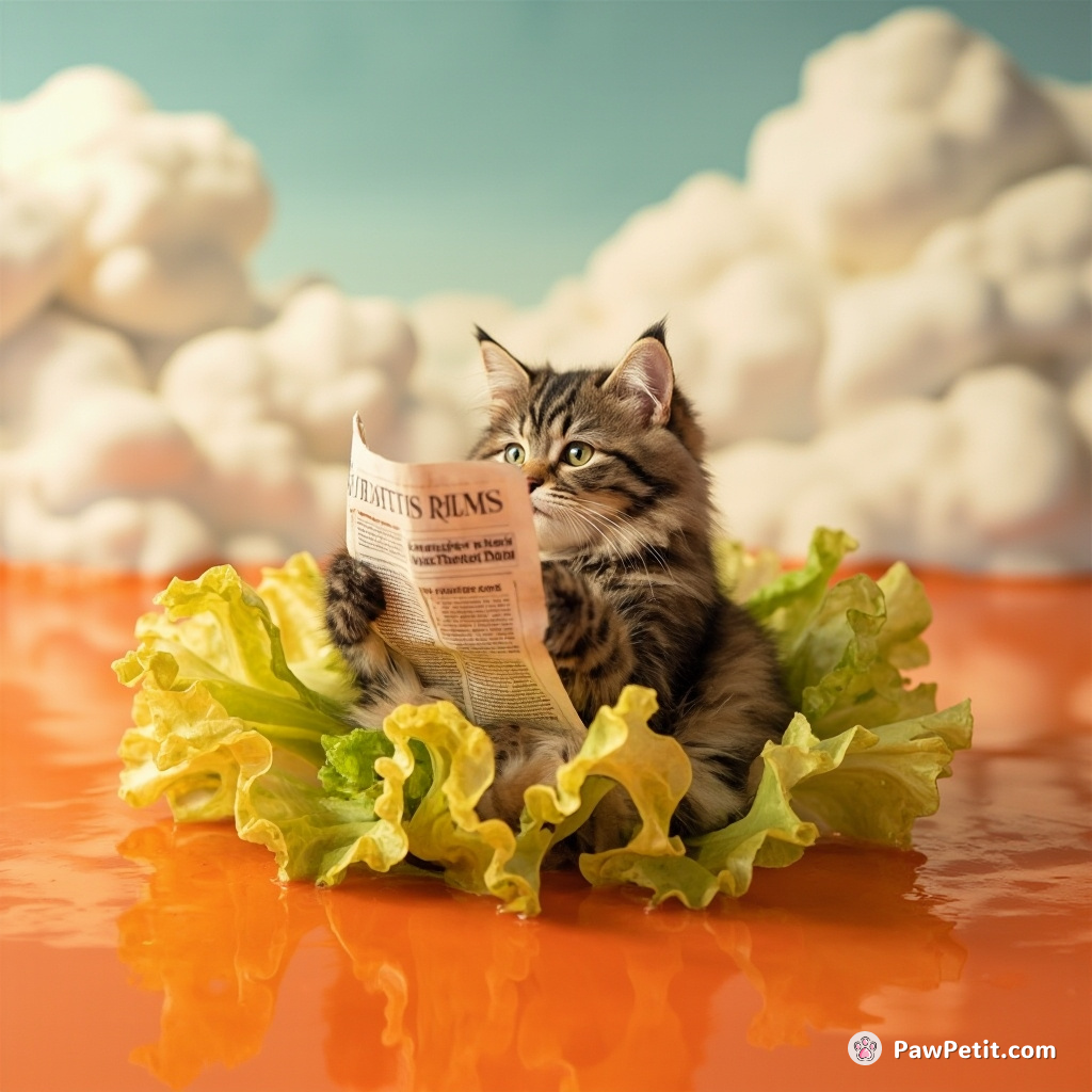 A Victorian cat reading a tiny newspaper, while floating on a yellow rubber lettuce in a sea of tomato soup under marshmallow clouds.