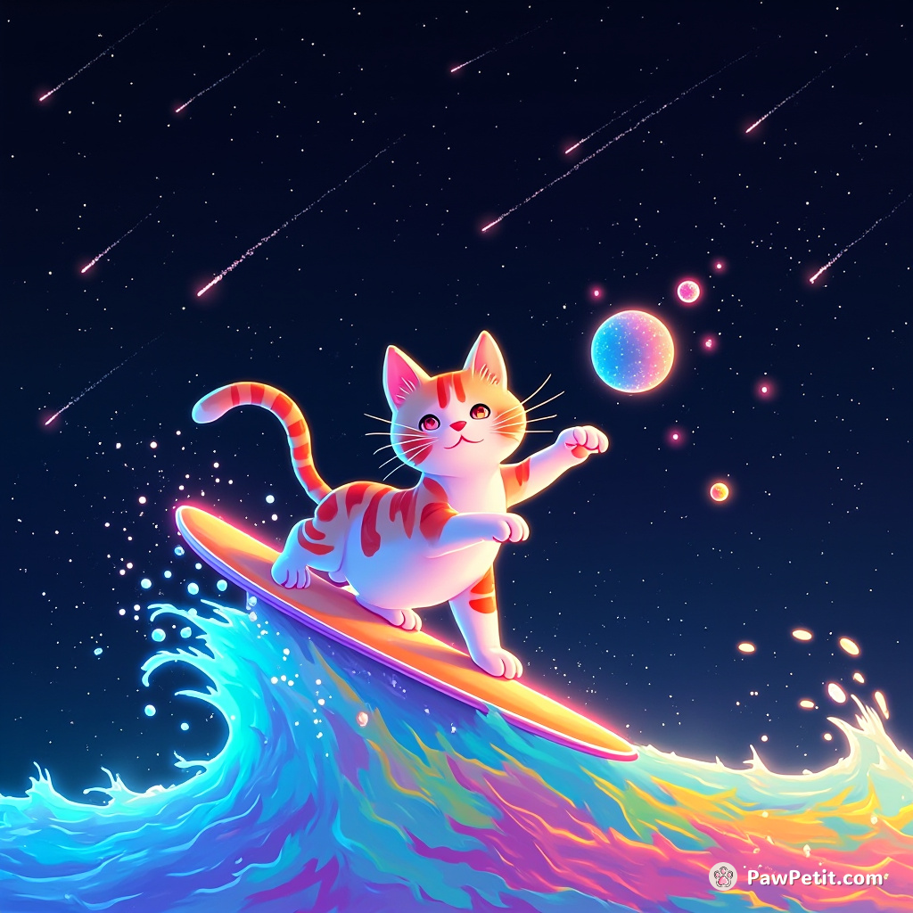 A neon-glow cat surfing on a rainbow-colored ocean, amid shooting stars, while juggling miniature galaxies.