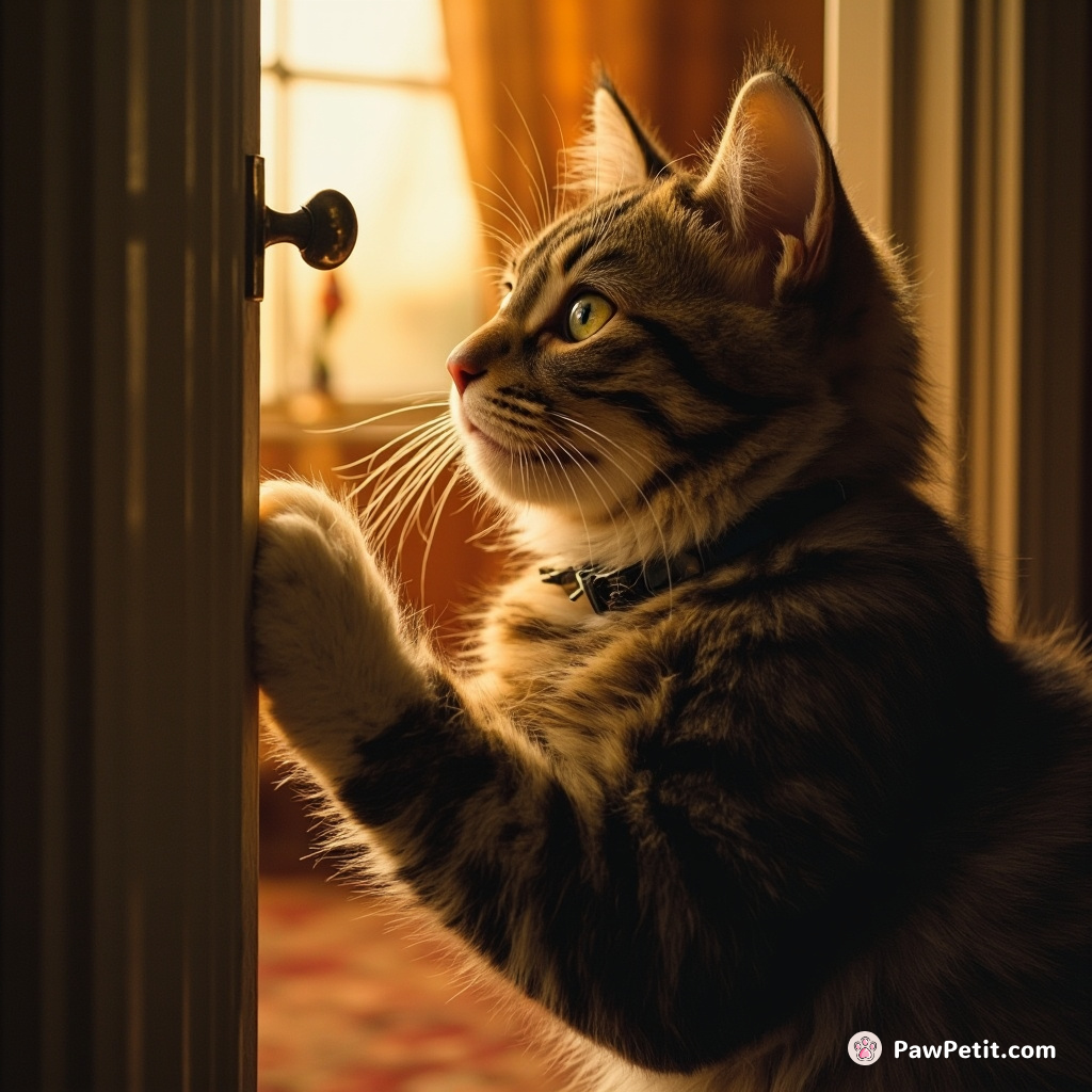Mischievous feline, Felix, determinedly attempts open-door handle turns after closely observing & mimicking daily human routines.