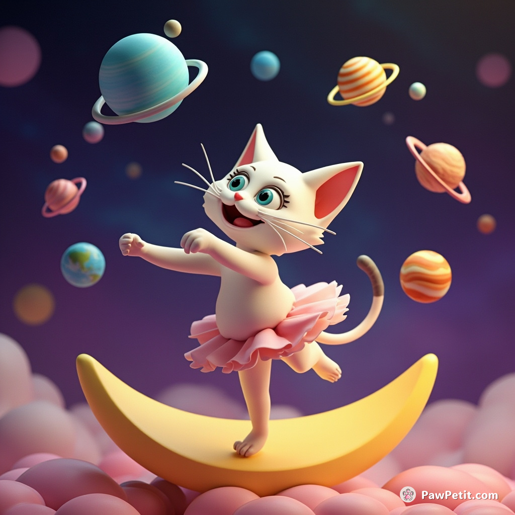 A three-headed cat learning to juggle miniature planets in a psychedelic cosmos while dancing Swan Lake ballet on a crescent moon.