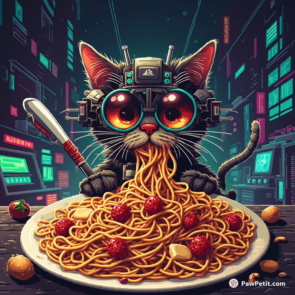 Cybernetic cat committing a daring spaghetti heist under high-tech mozzarella saga.