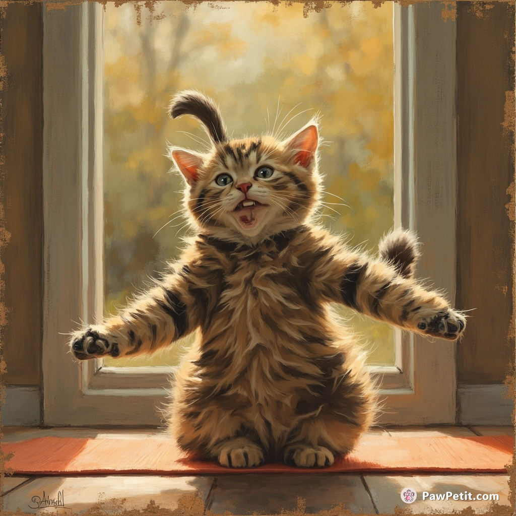 Whiskers attempts yoga, but his tail-twitching enthusiasm leads to a somersaulting disaster in downward dog.