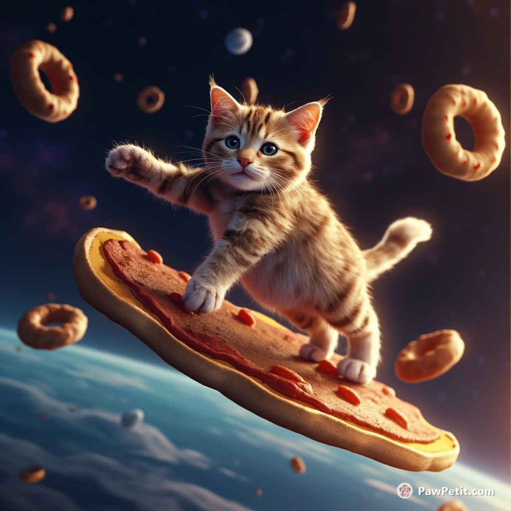 Cat surfing on a pizza slice in outer space, dodging falling donut asteroids