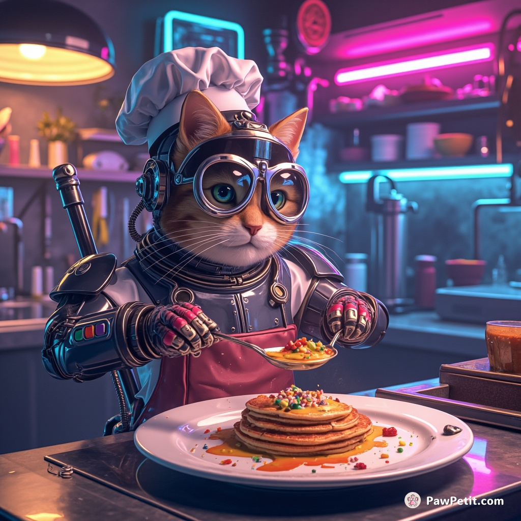 Cyborg Cat Chef flip-panning galaxy pancakes in a neon steam punk kitchen.