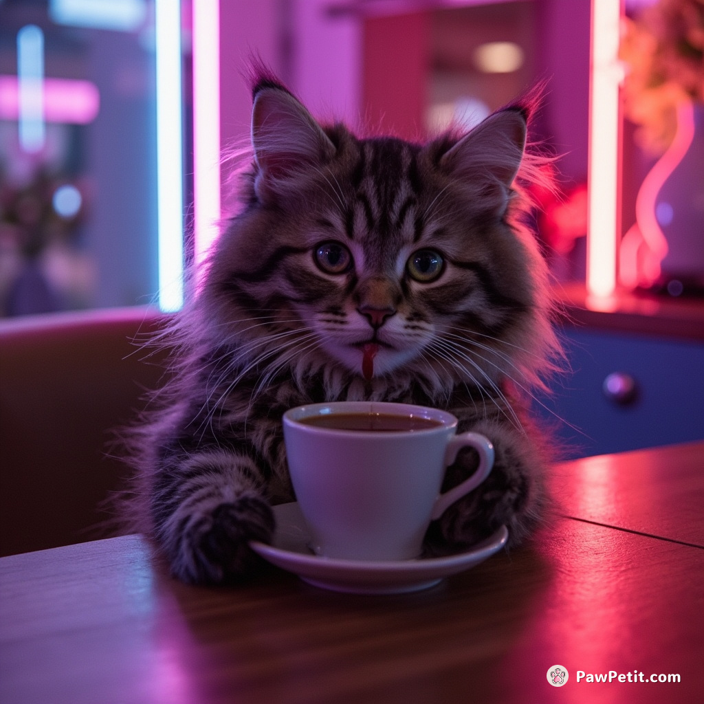 A fluffy feline, perched primly at the dining table, struggles mightily to delicately sip tea from a cup.