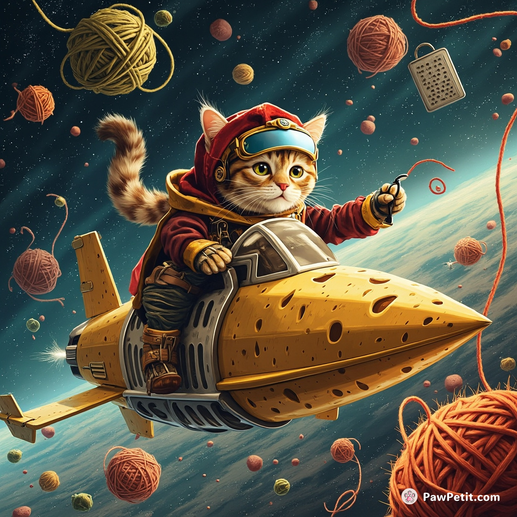 Captain Whiskers, a cyborg cat, pilots a giant cheese-grater spaceship through an asteroid field of yarn.