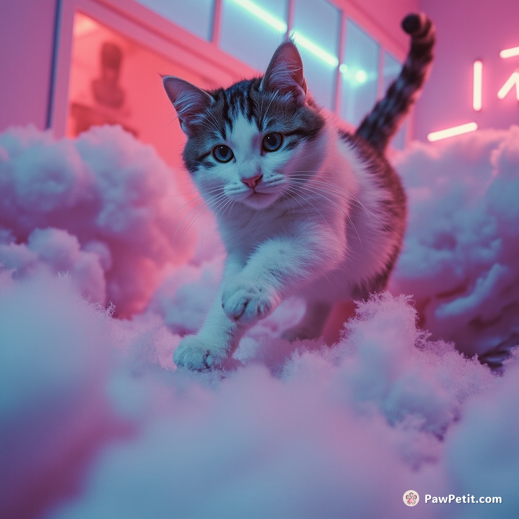 The cat frantically leaps from surface to surface, dodging feet and avoiding collisions.
